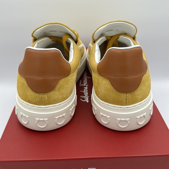 Salvatore Ferragamo Borg 12 Mustard Yellow Suede Sneakers Men’s Size 7.5 NIB - Picture 3 of 7